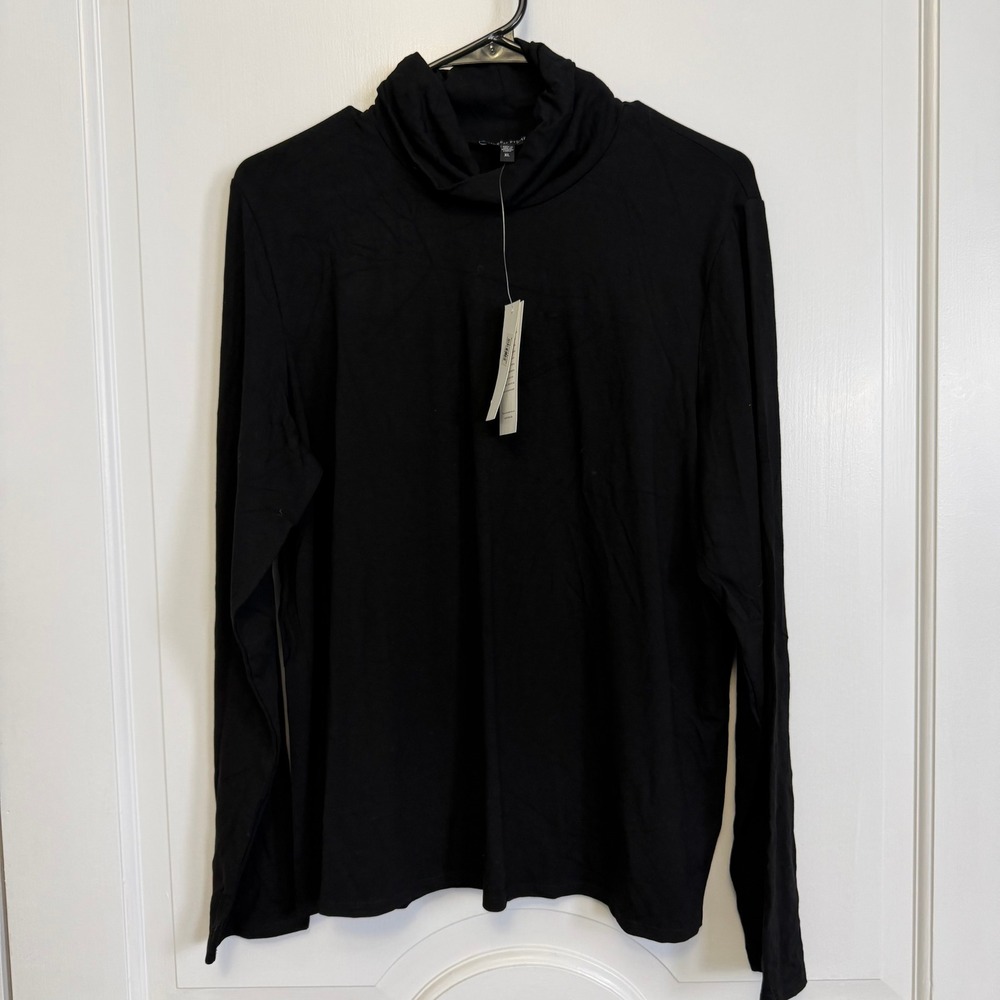 Eileen Fisher Scrunch Neck Top Womens XL Black Long Sleeve Viscose Jersey